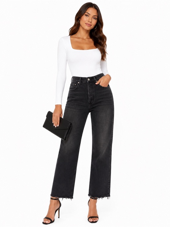 Citizens Of Humanity Denim - Citizens of Humanity Jolene High Rise Straight Leg Black Jeans Raw Hem Size 27